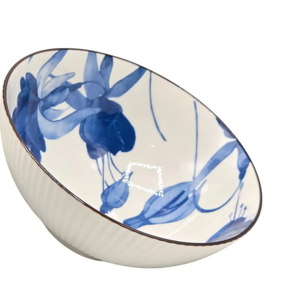 SH‎ Home 42oz Blue Ceramic Ramen Noodle Soup Bowl Chopsticks Spoon Floral Motifs